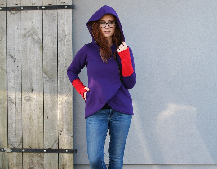 Bluza z kapturem, Asymetryczna bluza, krótka bluza fioletowa