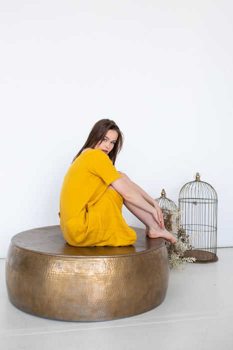 Sukienka lniana polski len miękki, żółta krótka luźna sukienka z lnu, polski len, polski projektant