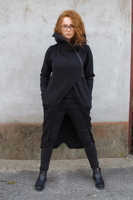 Płaszczyk czarny bawełniany, Polska marka, długa bluza ze stójką , gotycki płaszcz