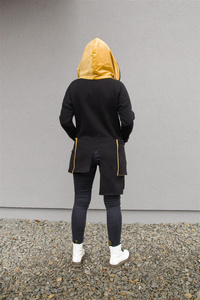 Bluza  asymetryczna czarno żółta , długa tunika z kapturem 