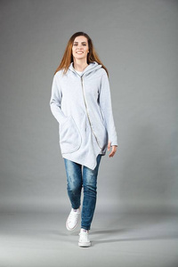 Bluza asymetryczna długa na zamek, bluza damska, płaszcz bawełniany szary