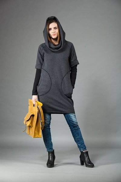 Tunika z kapturem, sukienka z dzianiny , luźna tunika z długim rękawem