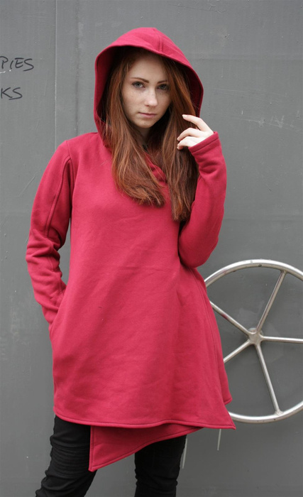 Bluza bordowa długa z krótkim asymetrycznym zamkiem, długa bluza z kapturem i kieszeniami , asymetryczny krój