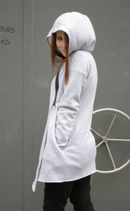 Bluza lużna damska na zamek , bluza kopertowa z kapturem jasnoszara bawełniana, długa bluza , płaszcz  z dzianiny