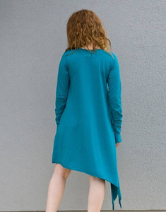 Sukienka letnia rozkloszowana, turkusowa sukienka asymetryczna