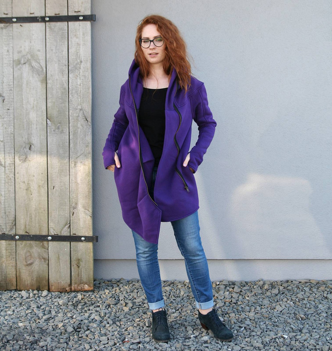 Bluza asymetryczna, płaszcz damski fioletowy