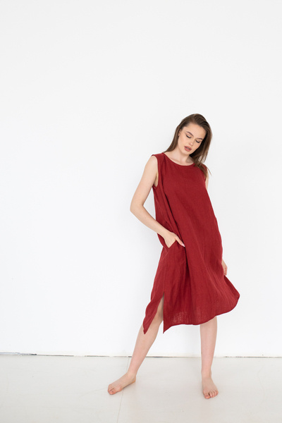 sukienka lniana asymetryczna luźna polski len, bordowa lniana sukienka na lato,sukienka na jeden bok z lnu polskiego