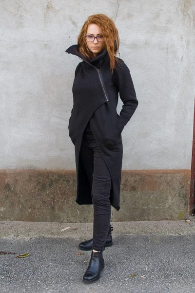 Płaszczyk czarny bawełniany, Polska marka, długa bluza ze stójką , gotycki płaszcz