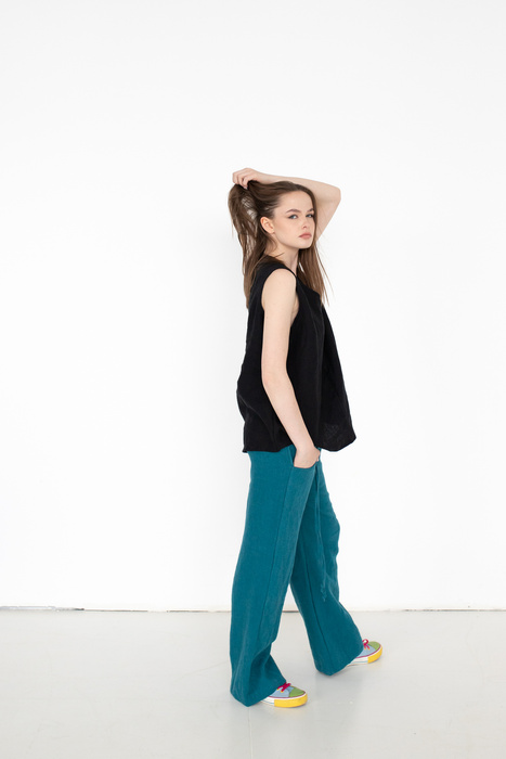 Tunika koszulka czarna lniana.polski len , polska marka bluzka lniana, na szelkach letnia tunika, polski len miękki