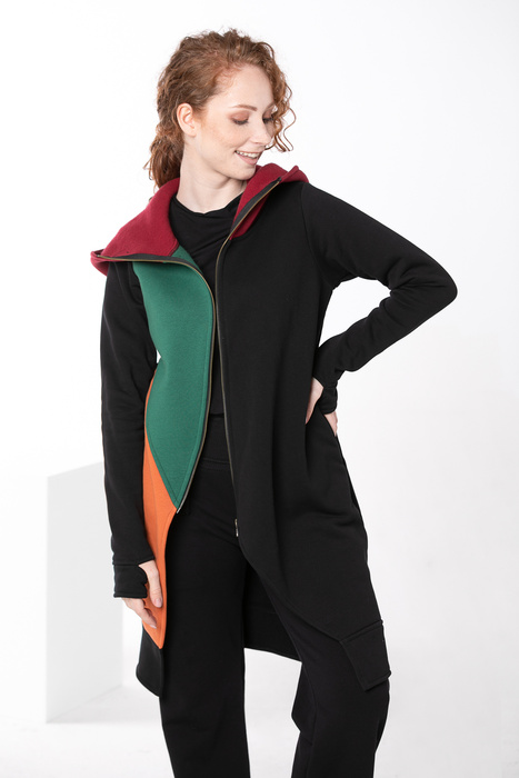 Bluza płaszczyk damski, kolorowy bluzopłaszcz damski, długa czarna bluza damska z dzianiny z kapturem i kieszeniami, asymetryczna bluza damska