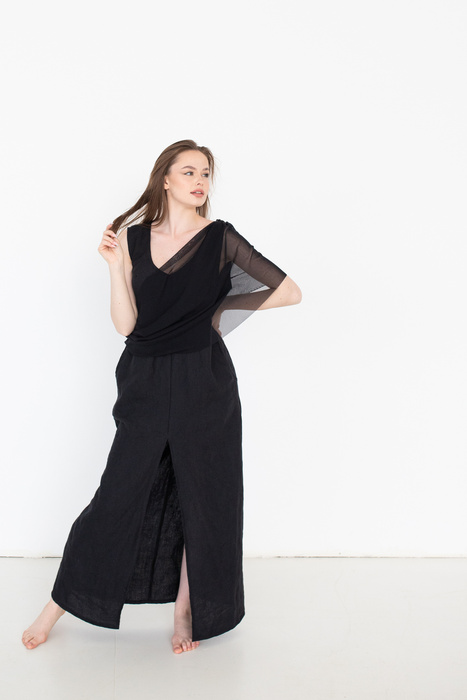 Sukienka lniana elegancka z tiulem, len polski, polska produkcja manufaktura, długa lniana sukienka czarna, czarny len , polski produkt