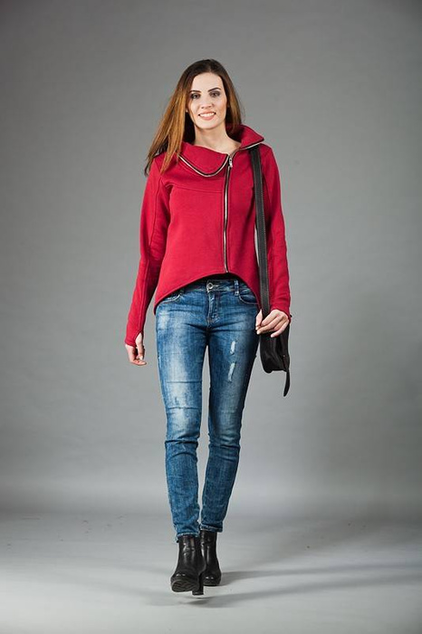Bluza asymetryczna, Bluza damska bordowa, marynarka damska ze stójką Bluza bawełniana