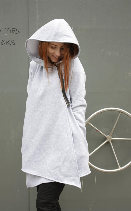 Bluza lużna damska na zamek , bluza kopertowa z kapturem jasnoszara bawełniana, długa bluza , płaszcz z dzianiny
