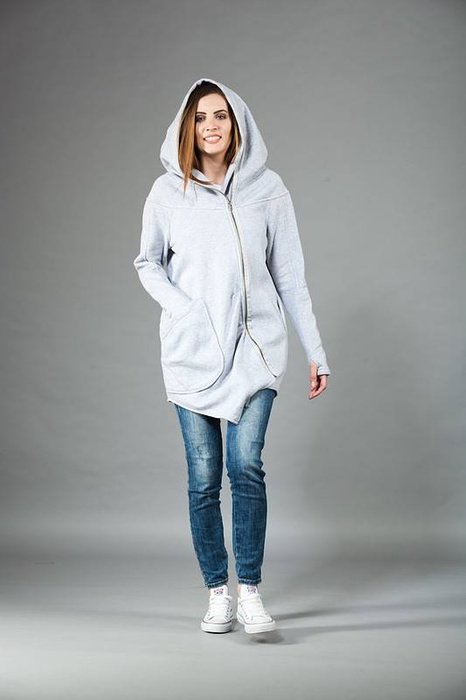 Bluza asymetryczna długa na zamek, bluza damska, płaszcz bawełniany szary