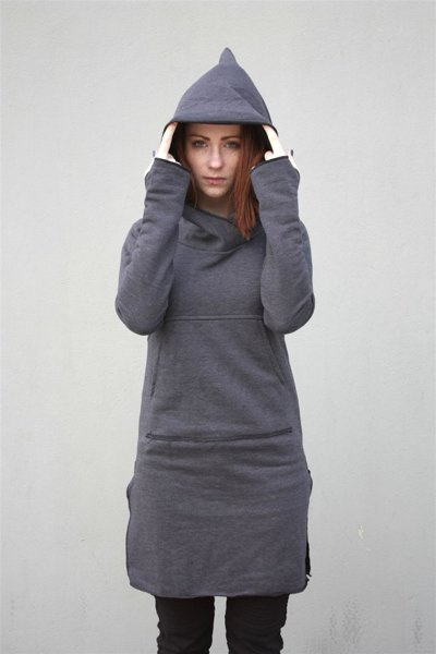 Bluza długa z kapturem w szpic , szara długa tunika kangurek, bluza z kieszenią