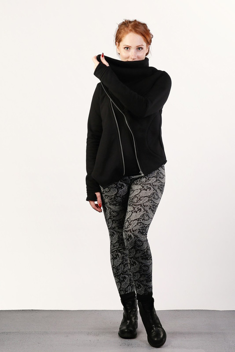 Bluza asymetryczna ze stójką, czarna bluza na zamek, marynarka na zamek