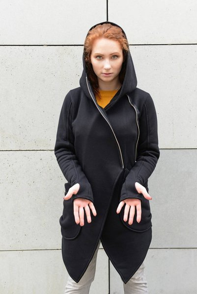 Asymetryczna bluza  Płaszcz na zamek, gotycki styl, bluza czarna damska