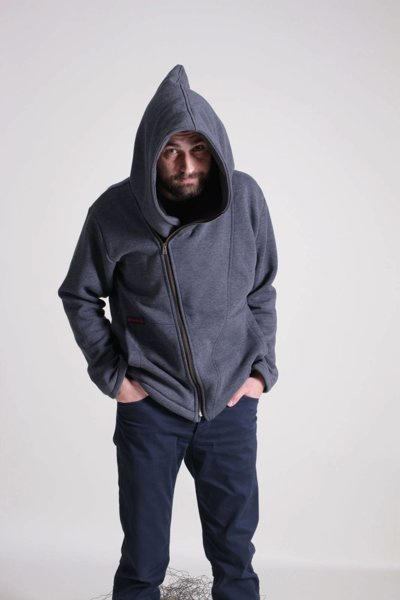 Bluza męska szara na zamek, kangurek męski z dużym kapturem, cyber kaptur, bluza męska krótka
