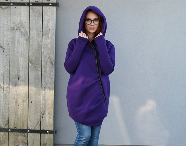 Bluza asymetryczna, płaszcz damski fioletowy