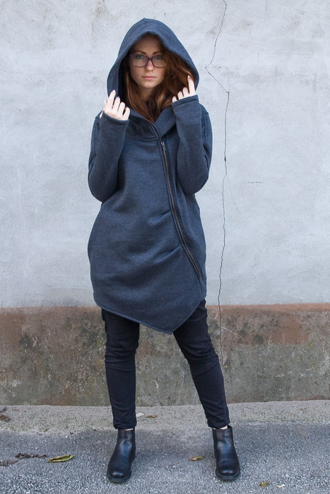 Bluza damska , bluza asymetryczna z zamkiem na skos, duży kaptur, duże rozmiary, bawełniany płaszcz