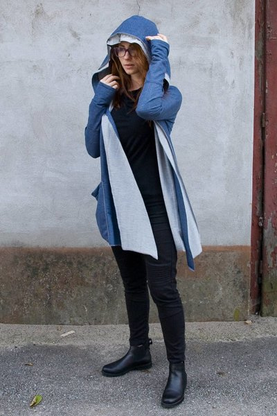 Bluza długa , narzuta dzianinowa z kapturem , Wdzianko damskie