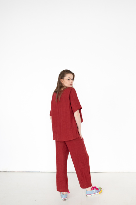 koszulka bluzka lniana ,bordowa tunika lniana , 100% len miękki, polska marka, polski projektant