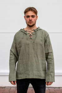 koszula lniana męska , bluza z lnu męska z kapturem , męska tunika z kapturem lniana, zielona bluza męska polski len, polski produkt