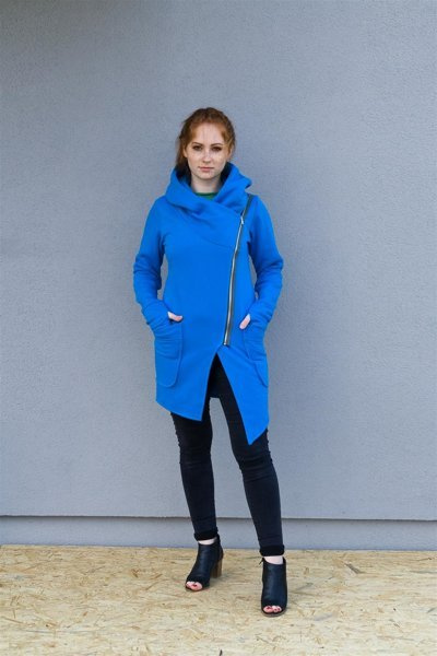 Bluza niebieska , asymetryczna bluza długa z kieszeniami i kapturem