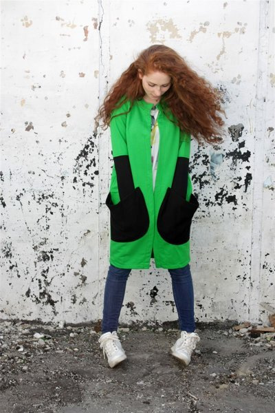 Bluza damska długa   bez zapięcia, duże kieszenie, luźny fason