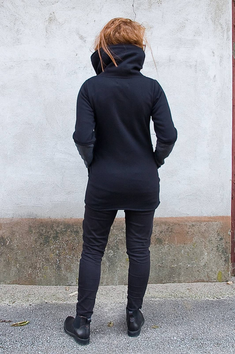 Bluza czarna damska, marynarka z wysoką stójką , wygodna bluza handmade, czarna długa bluza asymetryczna