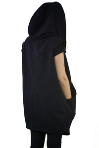 Bezrękawnik kamizelka z dzianiny luźna z kieszeniami i dużym kapturem, bluza damska bez rękawów