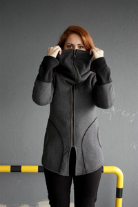 Bluza damska  z wysokim kołnierzem, stójką, szara długa bluza , bluza z dużymi kieszeniami, bawełniana bluza damska