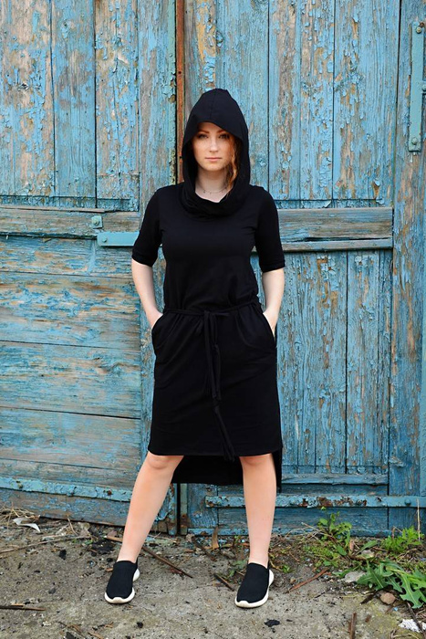 Sukienka czarna bawełniana, asymetryczna mała czarna , sukienka z kapturem