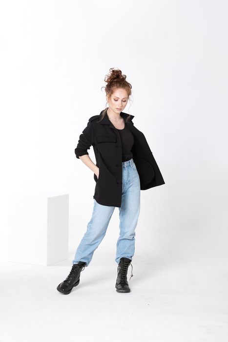 Koszula, marynarka damska, bluza czarna damska długa z kołnierzem, czarna dzianina polska , polski produkt