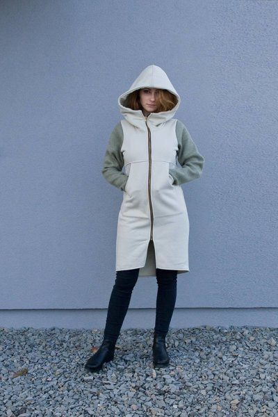 Płaszcz dzianinowy, bluza długa damska, kremowa bluza z kapturem