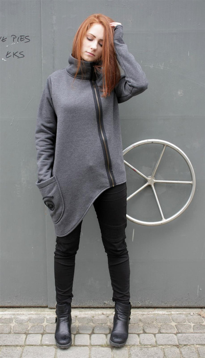 Bluza , marynarka damska, Szara bluza na zamek asymetryczny krój, Polska bawełna,
