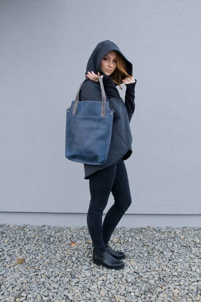 Torebka skórzana ręcznie robiona, torebka niebieska na ramię, handmade torba , torebka worek skórzany