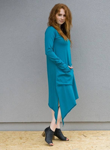 Sukienka letnia rozkloszowana, turkusowa sukienka asymetryczna