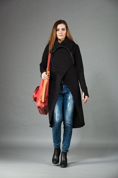 Płaszcz ze stójką, Hand made projekty, Polska marka, długa czarna bluza