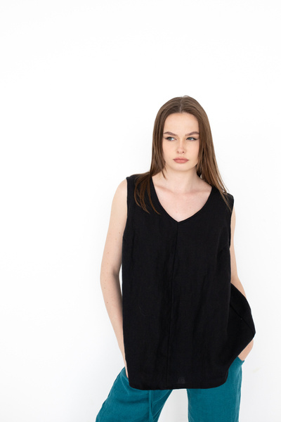 Tunika koszulka czarna lniana.polski len , polska marka bluzka lniana, na szelkach letnia tunika,  polski len miękki