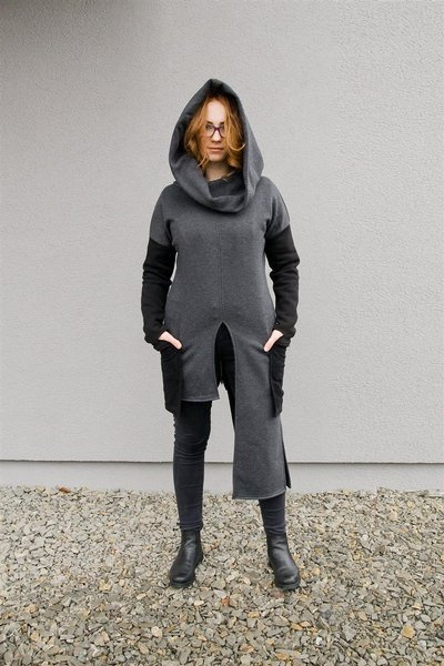 Asymetryczna bluza z zamkiem z tyłu, długa bluza z kapturem