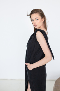 Sukienka lniana regulowane ramiączka czarna len polski , długa czarna lużna sukienka lniana luźna