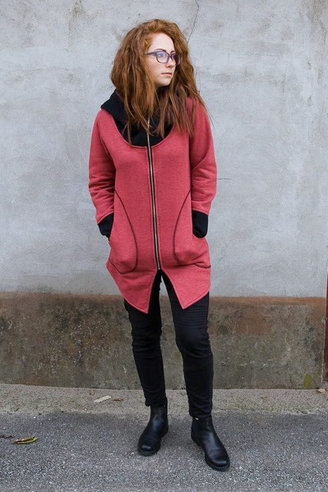 Malinowa bluza, Długa bluza z kapturem, damska bluza asymetryczna, krótki płaszcz damski