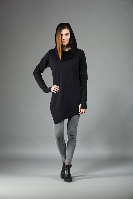 Tunika Asymetryczna, bluza z kapturem, czarna damska bluza