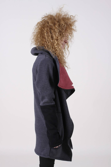 Szaro malinowa bluza na zamek, damska bluza asymetryczna, długa bluza damska bluza ze stójką