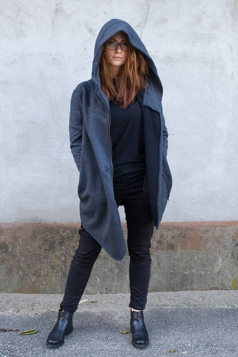 Bluza damska , bluza asymetryczna z zamkiem na skos, duży kaptur, duże rozmiary, bawełniany płaszcz