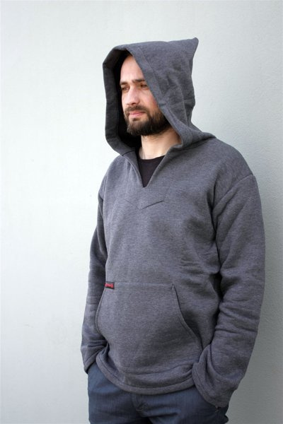 Bluza męska typu kangur, wielki obszerny cyber kaptur, męska szara bluza