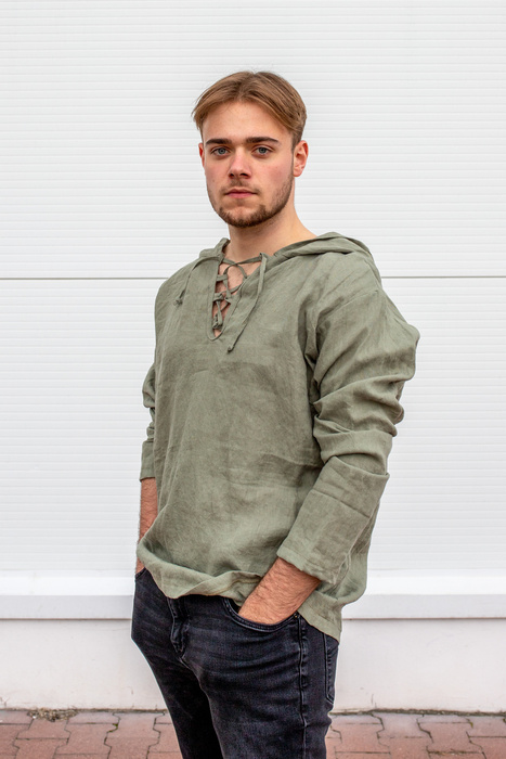 koszula lniana męska , bluza z lnu męska z kapturem , męska tunika z kapturem lniana, zielona bluza męska polski len, polski produkt