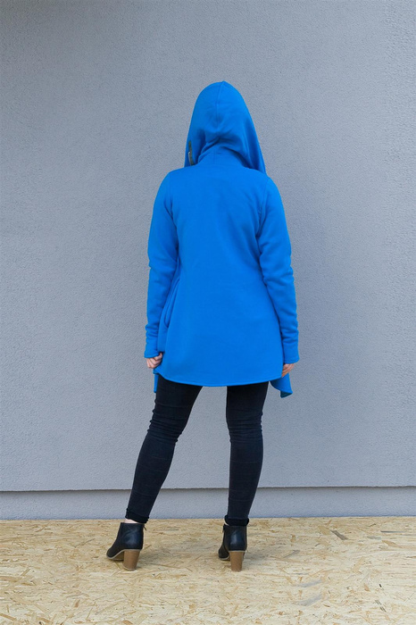 Bluza niebieska kopertowa damska, długa na zamek bluza asymetryczna, duży kaptur i kieszenie
