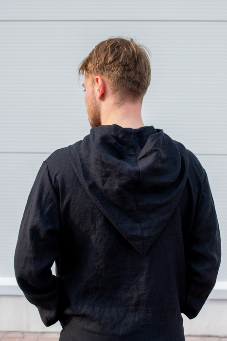 Tunika męska lniana, bluza czarna lniana, męska koszula z kapturem